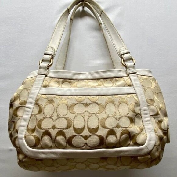 Coach Cricket 13604 Cream Tan Signature Shoulder Bag Purse Leather Trim TurnLock - Picture 14 of 15